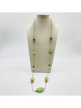Green Bead Necklace Gold Tone Long Station Necklace Pastel Beads Statement